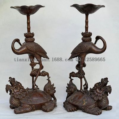 批發精品銅器 純銅仿古龜鶴延年獨占鰲頭燭臺 龜鶴蠟臺擺件工藝品